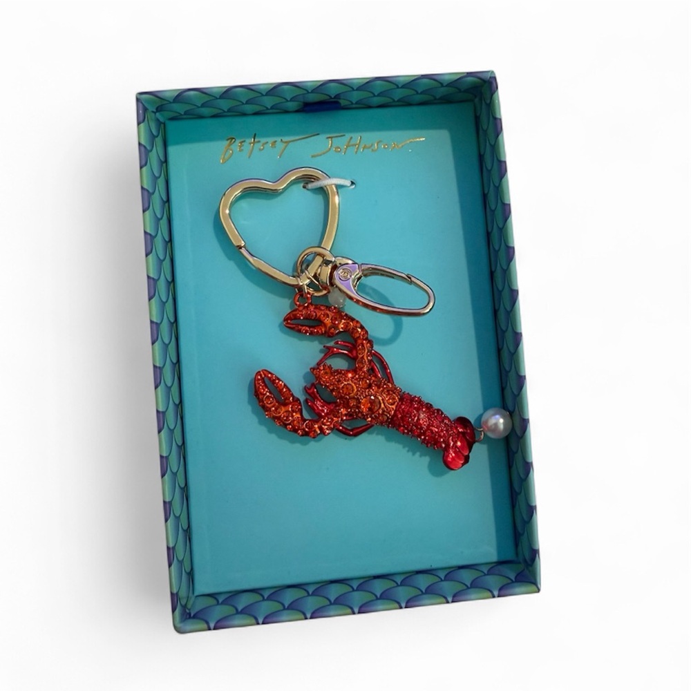 BETSEY JOHNSON MERMAID JEWELS RED METALLIC LOBSTER BAG CHARM CRYSTAL ACCENTS NEW